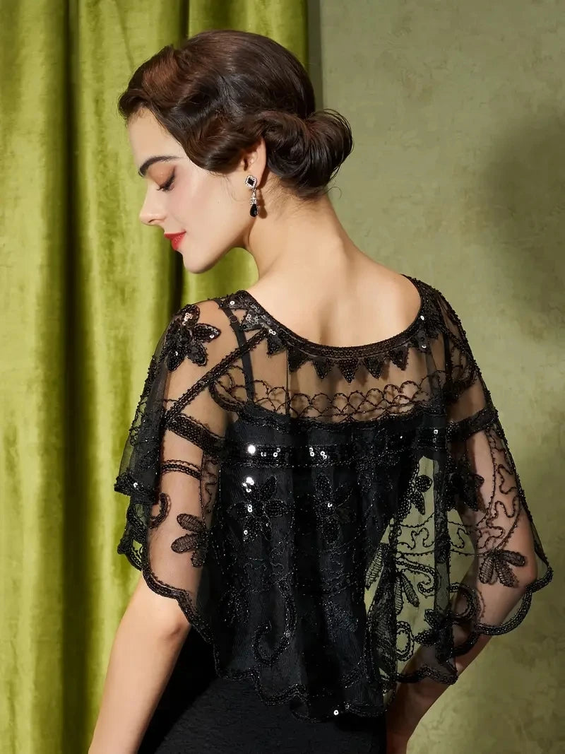 1920s Sequin Flapper Shawl Vintage Thin Breathable Shiny Cape Elegant Style Outside Short Cloak For Women Banquet