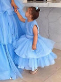 Blue Mother And Daughter Family Clothes Tulle High Neck Ball Gown Princess Formal Party Evening Gown For Graduation 2025