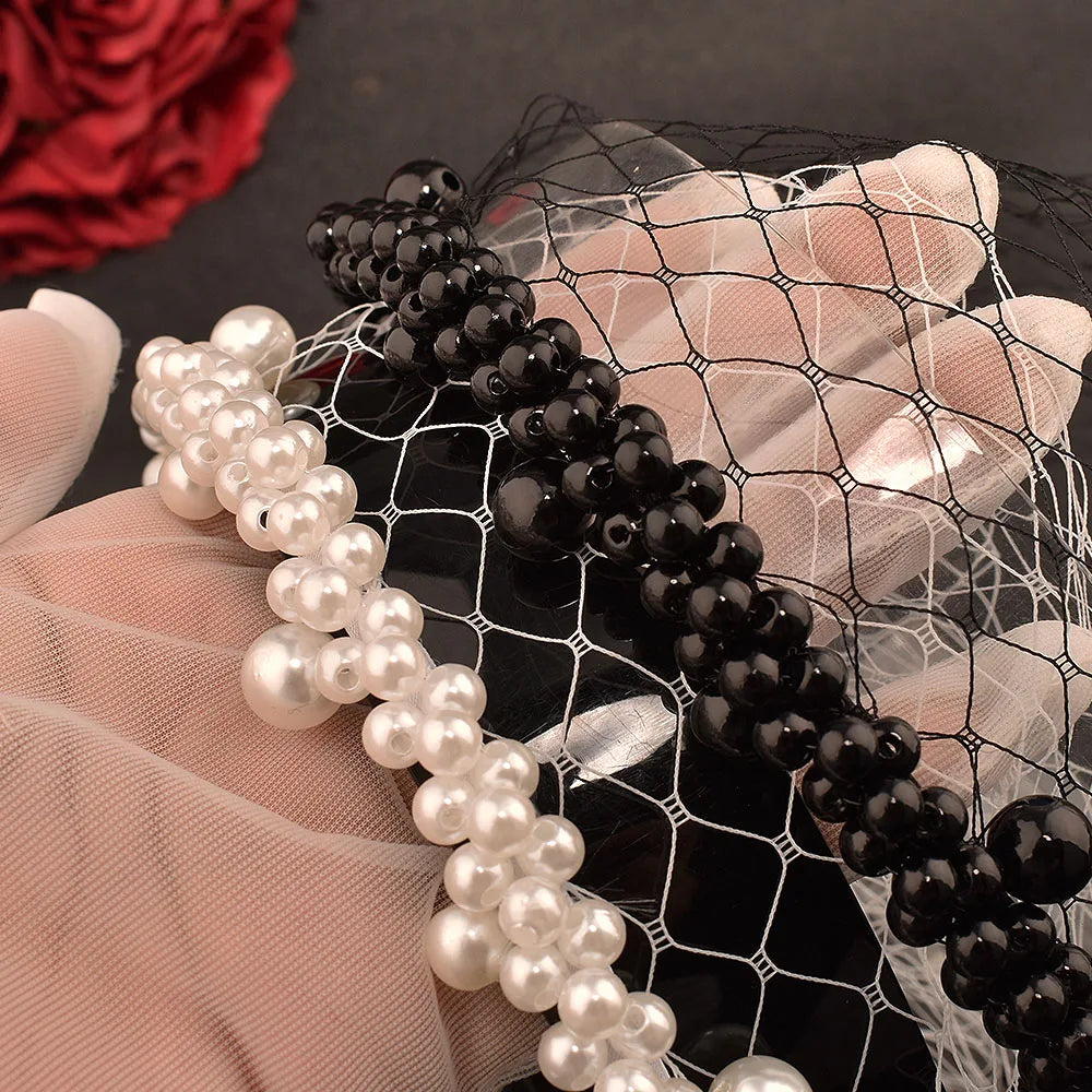 JM26 Tulle Cage Veil with Pearls Wedding Birdcage Veil with Headband Face Cover Bride Headdress Wedding Accessories Mariage