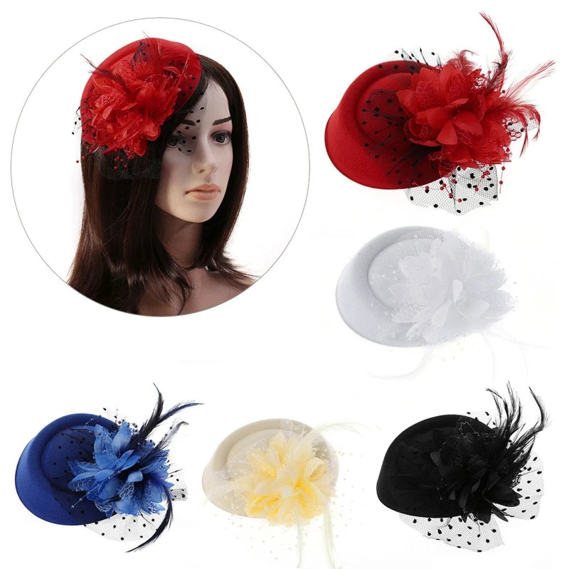 A52E Womens Fascinator Hat Topper Mesh Veil Flower Feather Pearl Beaded Decor Hair Clips Wedding Bridal Cocktail Headwear