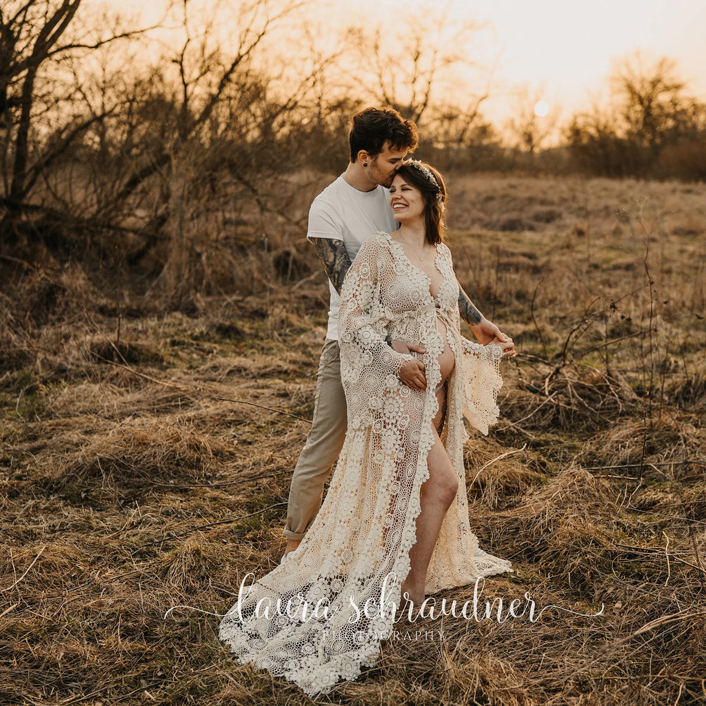 Don&Judy Maternity Dress Boho Photo shoot Maxi Long Sleeve Wedding Party Evening Ivory Gown for Bride Pregnant Women Photography