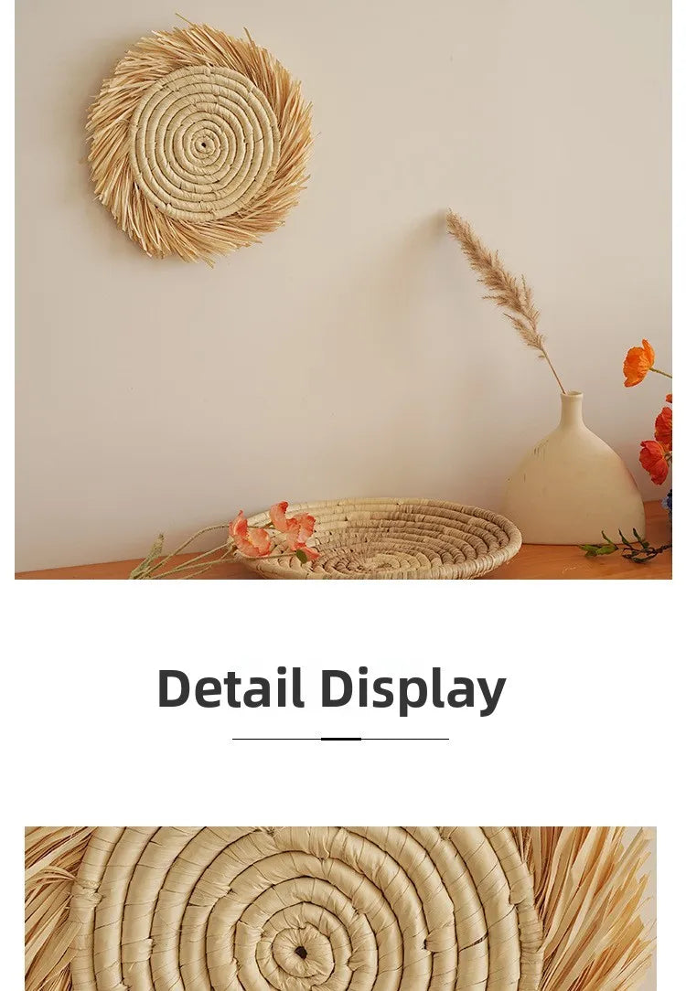 Boho Chic Handcrafted Seagrass Wall Baskets, Rattan Woven Round Bohemian Decor for Home,Farmhouse-Featherless,Versatile Use