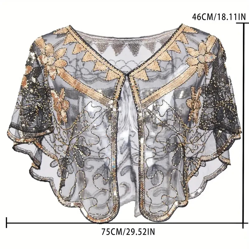 1920s Sequin Flapper Shawl Vintage Thin Breathable Shiny Cape Elegant Style Outside Short Cloak For Women Banquet