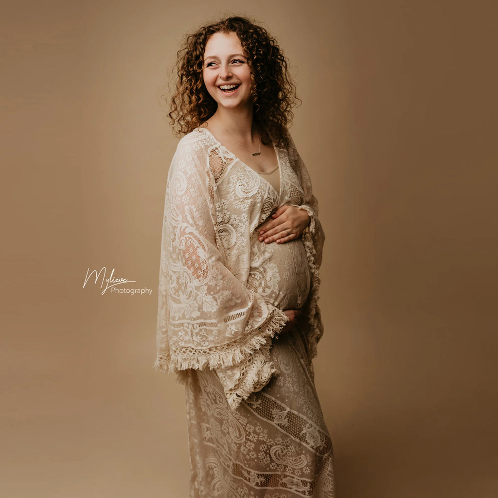 Don&Judy Maternity Dress Boho Photo shoot Maxi Long Sleeve Wedding Party Evening Ivory Gown for Bride Pregnant Women Photography