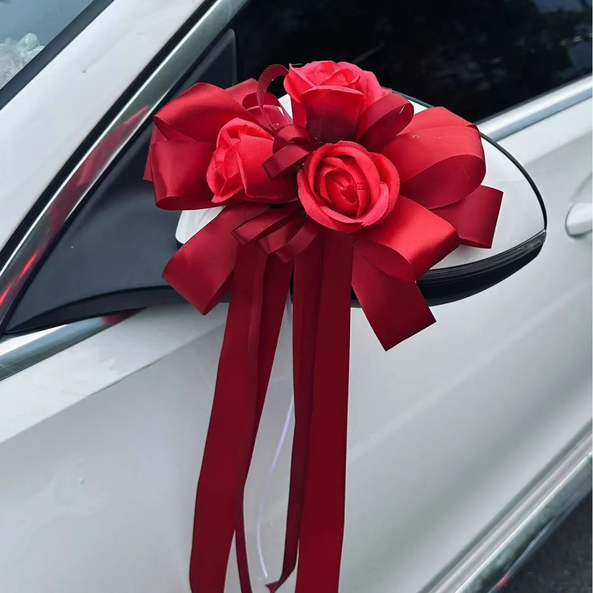 Yannew 4pcs Wedding Car Rearview Mirror Flowers with Ribbon Bow Tie Just Married Auto Door Handle Decoration Aisle Rose Flower