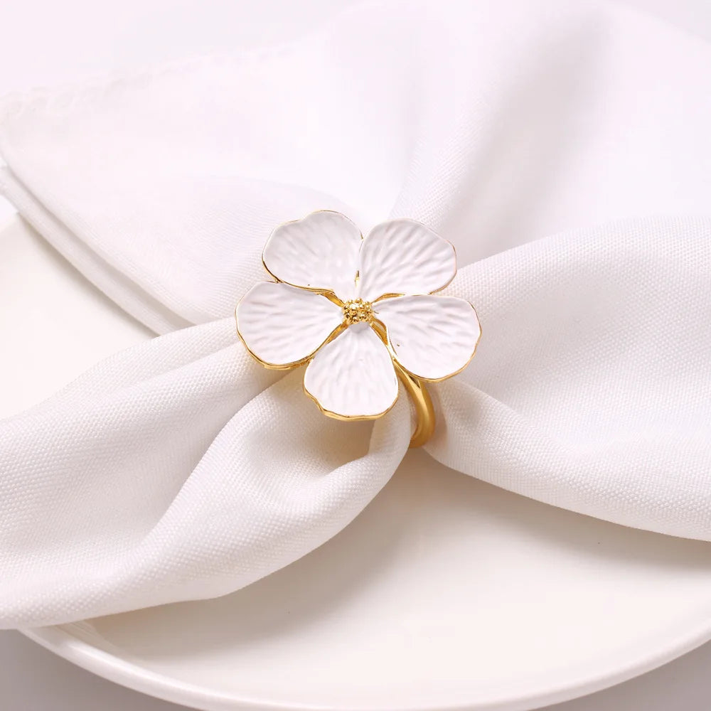 Painted White Flower Napkin Ring White Oil Flower Plant Napkin Ring Buckle Five Petals Flower Plum Napkin Ring Table Decoration