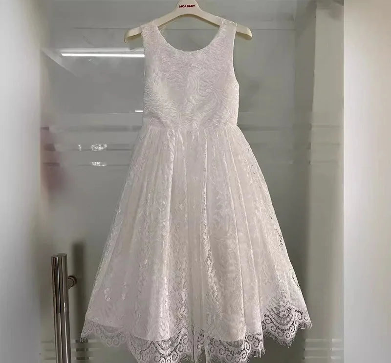 New Girl Princess Dress White Lace Long Dress Wedding Flower Children Open Back Wedding Dress Girl Elegant Evening Dress