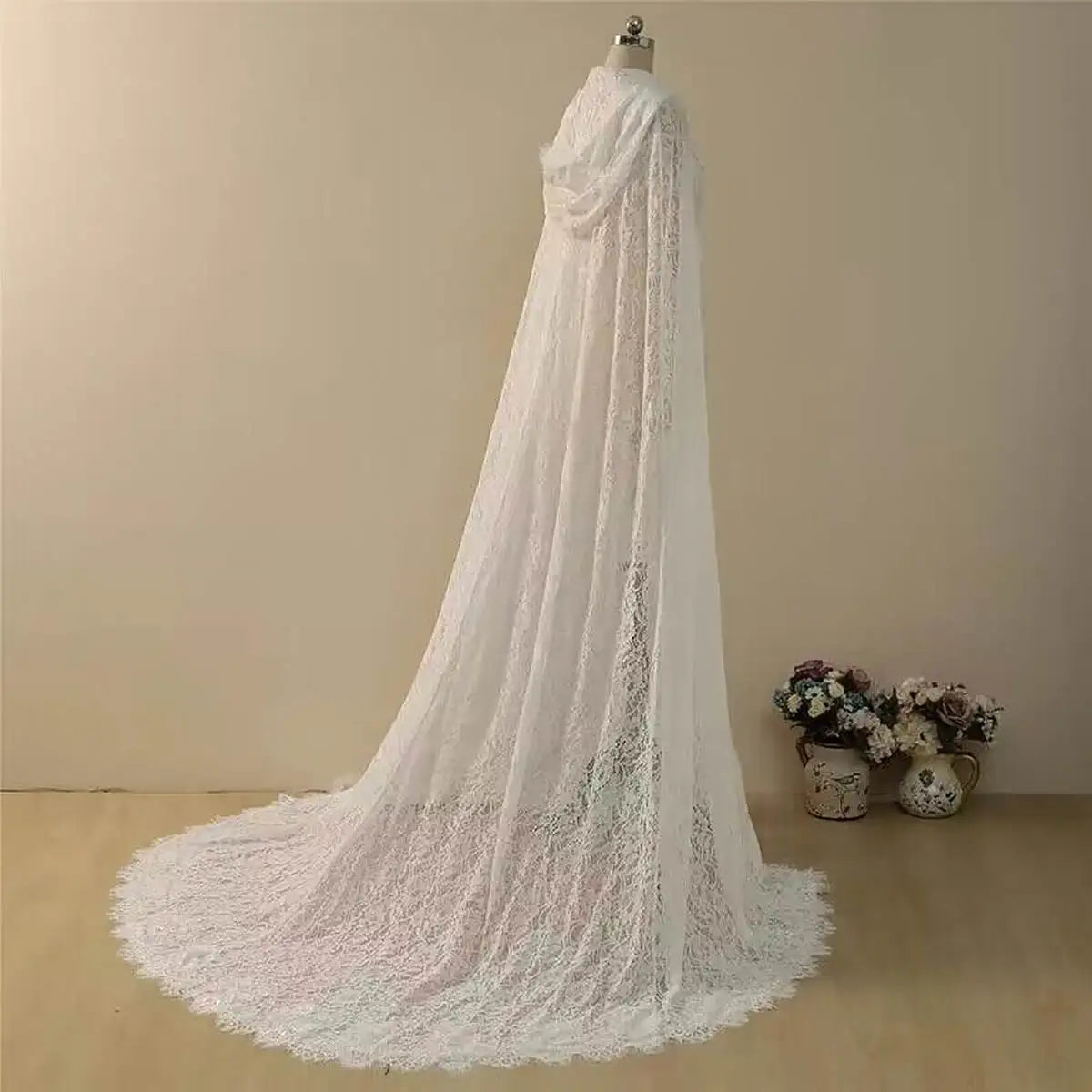 Vintage Wedding Veil  One Layer Long  Mermaid Bride Dresses Cap  Sleeveless Lace Up With Hooded Wrap Customized