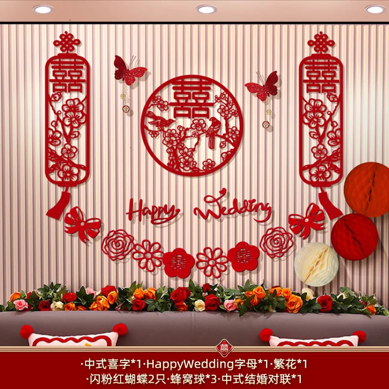 Chinese Wedding Decoration Wall Double Happiness Background Ornament Traditional Wedding Wall Stickers Supplies