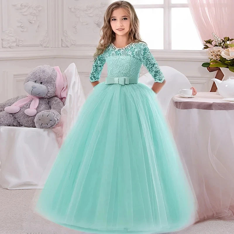 Girl's Dress 6-14 Y Flower Girls Wedding Elegant Lace Prom Bridesmaid Birthday Party Kids Lace Dress Vintage Performance Dresses