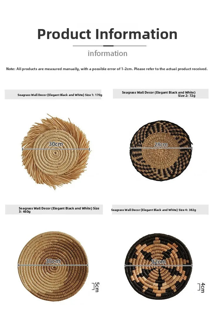 Boho Chic Handcrafted Seagrass Wall Baskets, Rattan Woven Round Bohemian Decor for Home,Farmhouse-Featherless,Versatile Use