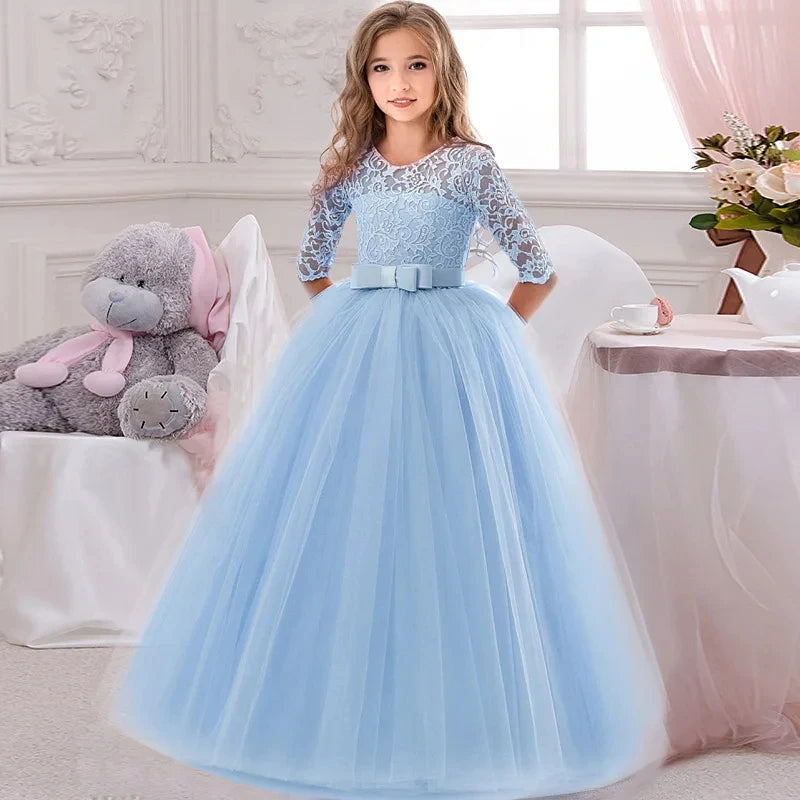 Girl's Dress 6-14 Y Flower Girls Wedding Elegant Lace Prom Bridesmaid Birthday Party Kids Lace Dress Vintage Performance Dresses