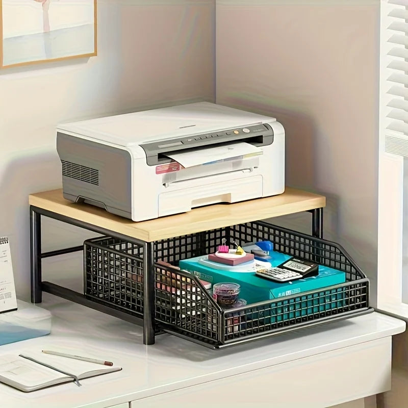 Kitchen Countertop Organizer with Drawer & Wire Basket - Sturdy Hardwood & Metal 2-Tier Storage Shelf for Coffee Maker, Utensils