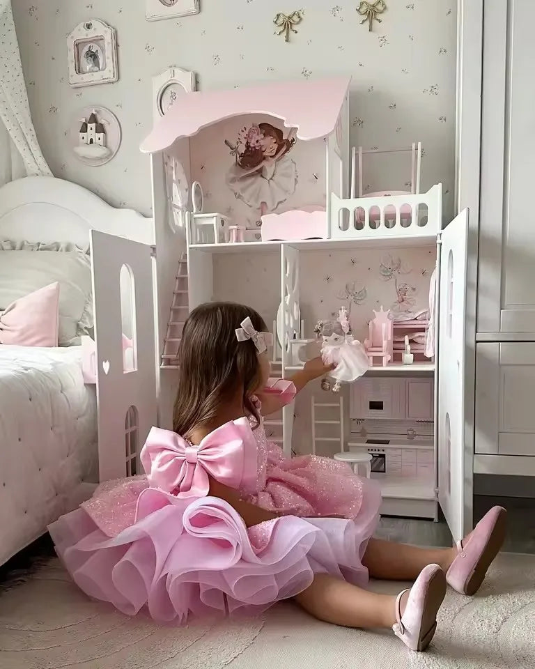 Customized Pink Flower Girl Dresses For Wedding Sequins With Bow Knee Length Cute Princess Birthday Party First Communion Gown