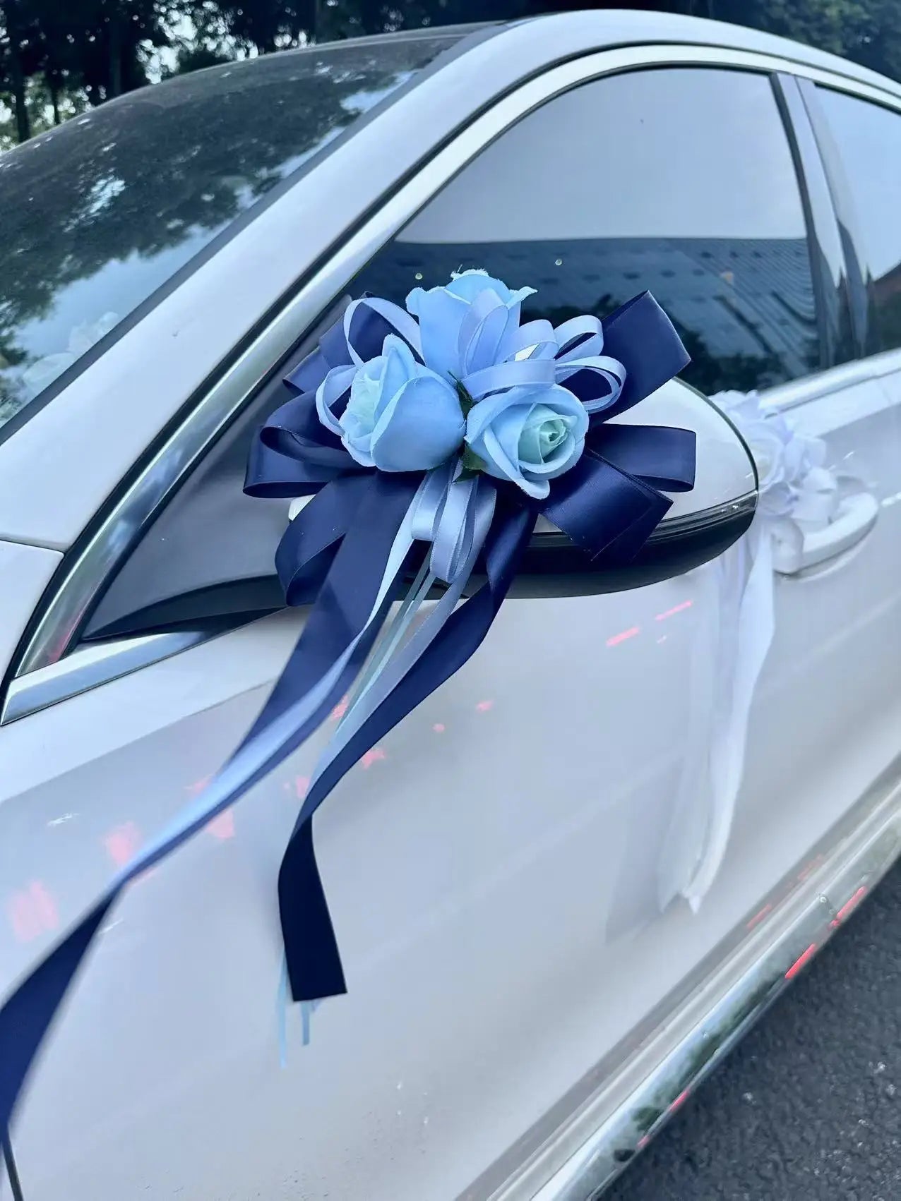 Yannew 4pcs Wedding Car Rearview Mirror Flowers with Ribbon Bow Tie Just Married Auto Door Handle Decoration Aisle Rose Flower
