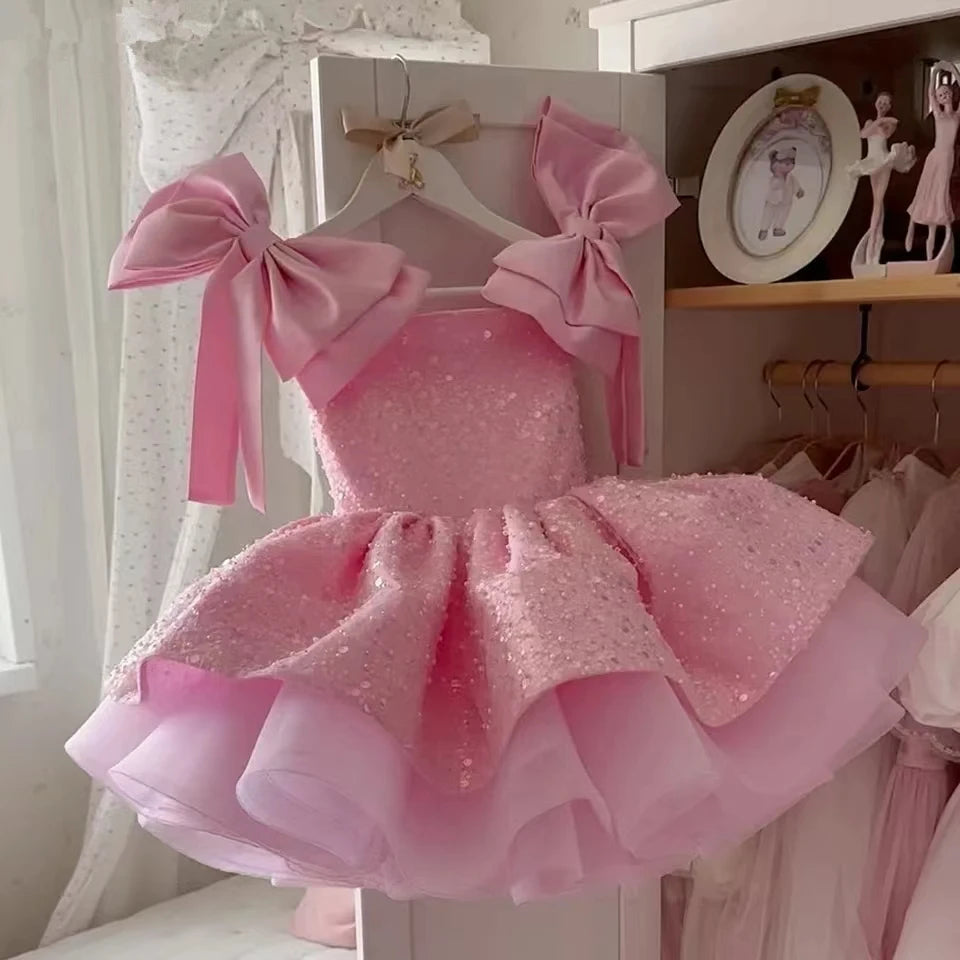 Customized Pink Flower Girl Dresses For Wedding Sequins With Bow Knee Length Cute Princess Birthday Party First Communion Gown