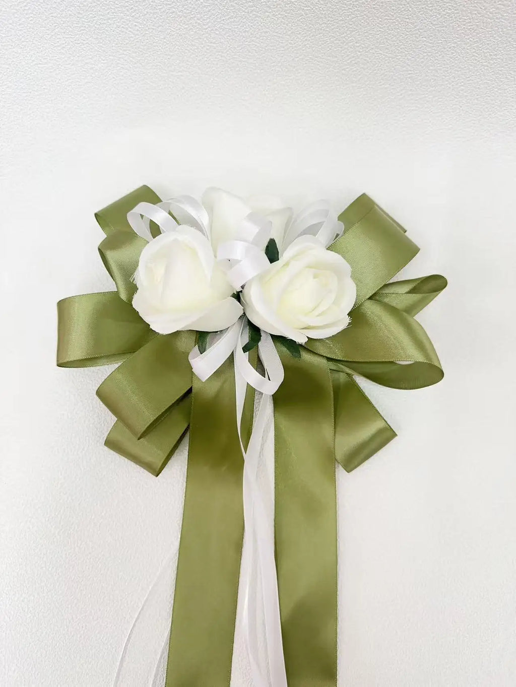 Yannew 4pcs Wedding Car Rearview Mirror Flowers with Ribbon Bow Tie Just Married Auto Door Handle Decoration Aisle Rose Flower