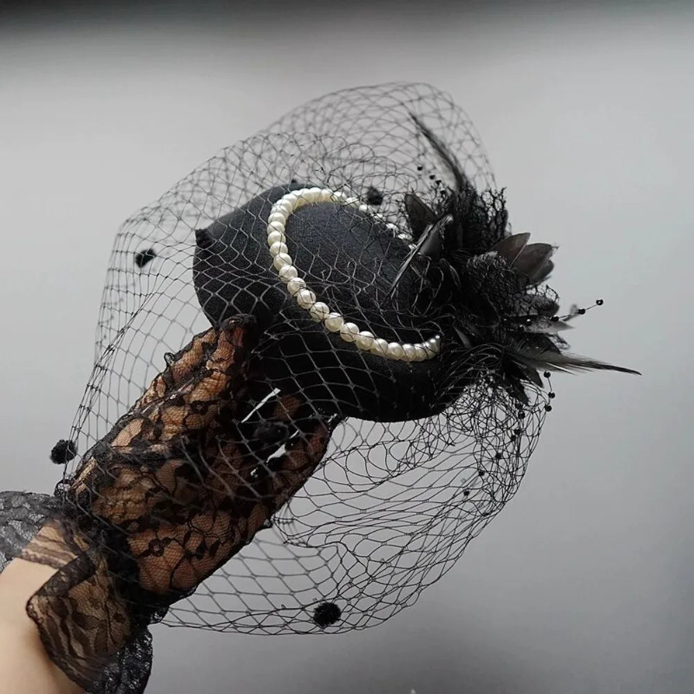 New Elegant Bridal Headwear Pearl Flower Mesh Wedding Veil Hat Vintage Temperament Fascinators Hat For Women