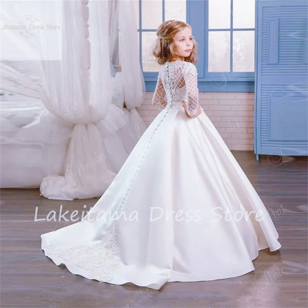 Wedding Dress Flower Girl Dresses Kids Satin Sashes Bow Simple Organza Cap Sleeves Girls Princess Evening Dress