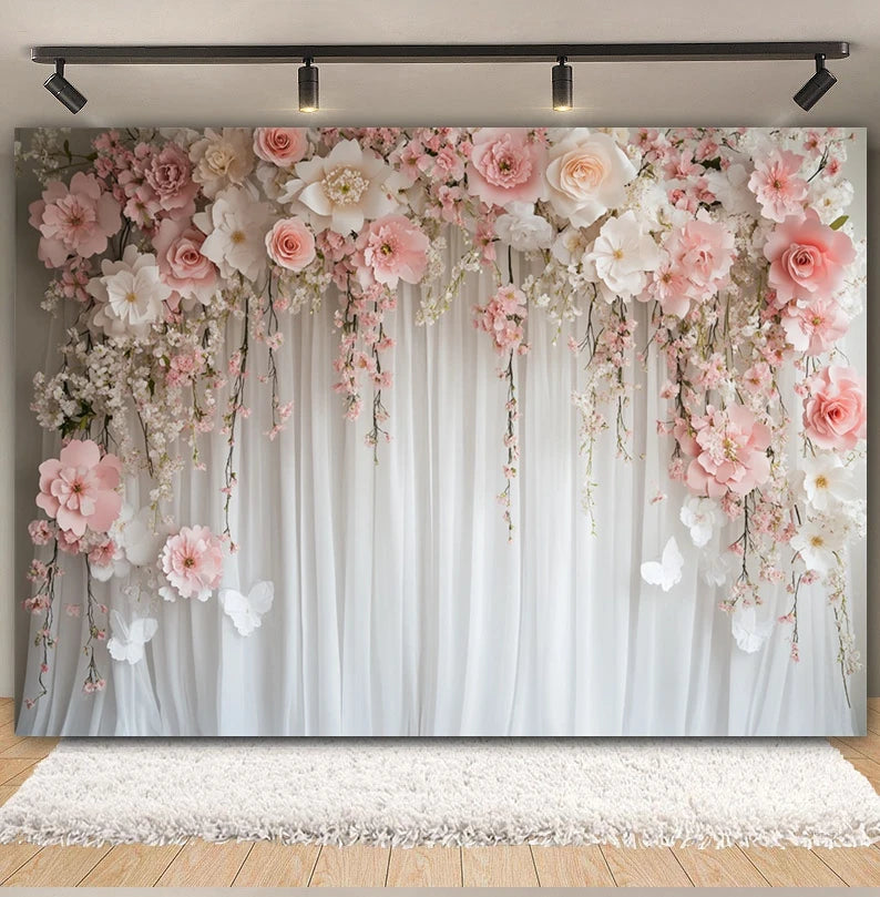 Wedding Scene Party Backdrop for Photography Pink Flower Palace White Wall Bridal Shower Wedding Portrait Decor Photo Background
