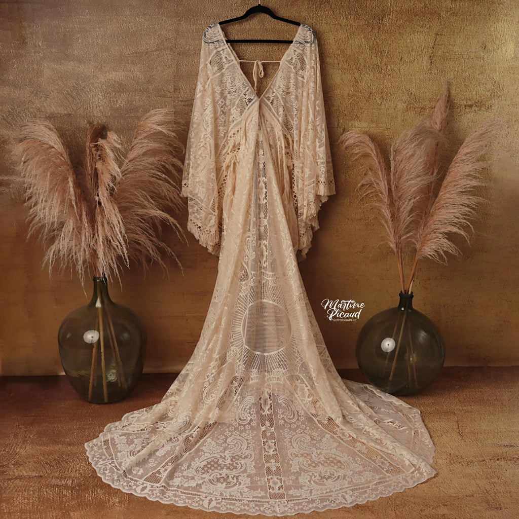 Don&Judy Maternity Dress Boho Photo shoot Maxi Long Sleeve Wedding Party Evening Ivory Gown for Bride Pregnant Women Photography