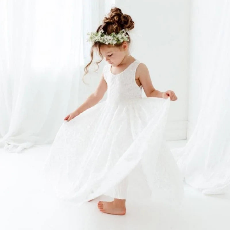 New Girl Princess Dress White Lace Long Dress Wedding Flower Children Open Back Wedding Dress Girl Elegant Evening Dress