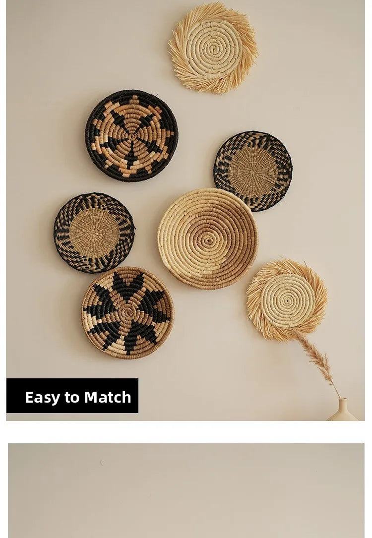 Boho Chic Handcrafted Seagrass Wall Baskets, Rattan Woven Round Bohemian Decor for Home,Farmhouse-Featherless,Versatile Use