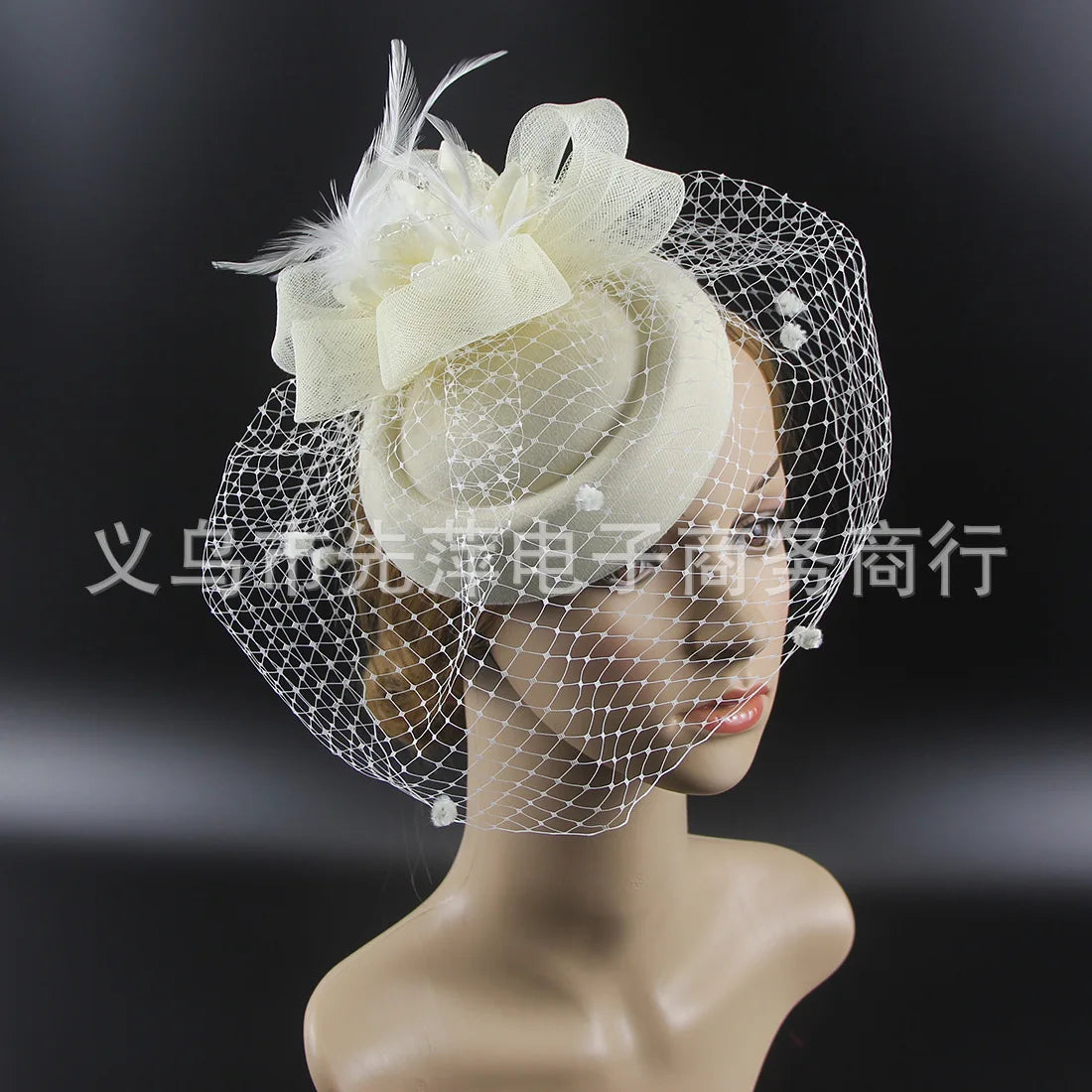 French Style Audrey Hepburn Elegant Small Veil Hat with Pearl and Feather Luxury Wedding Party Bridal Cocktail Event Fascinator