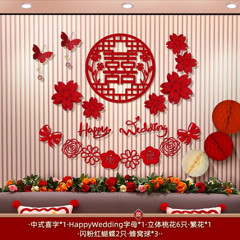 Chinese Wedding Decoration Wall Double Happiness Background Ornament Traditional Wedding Wall Stickers Supplies