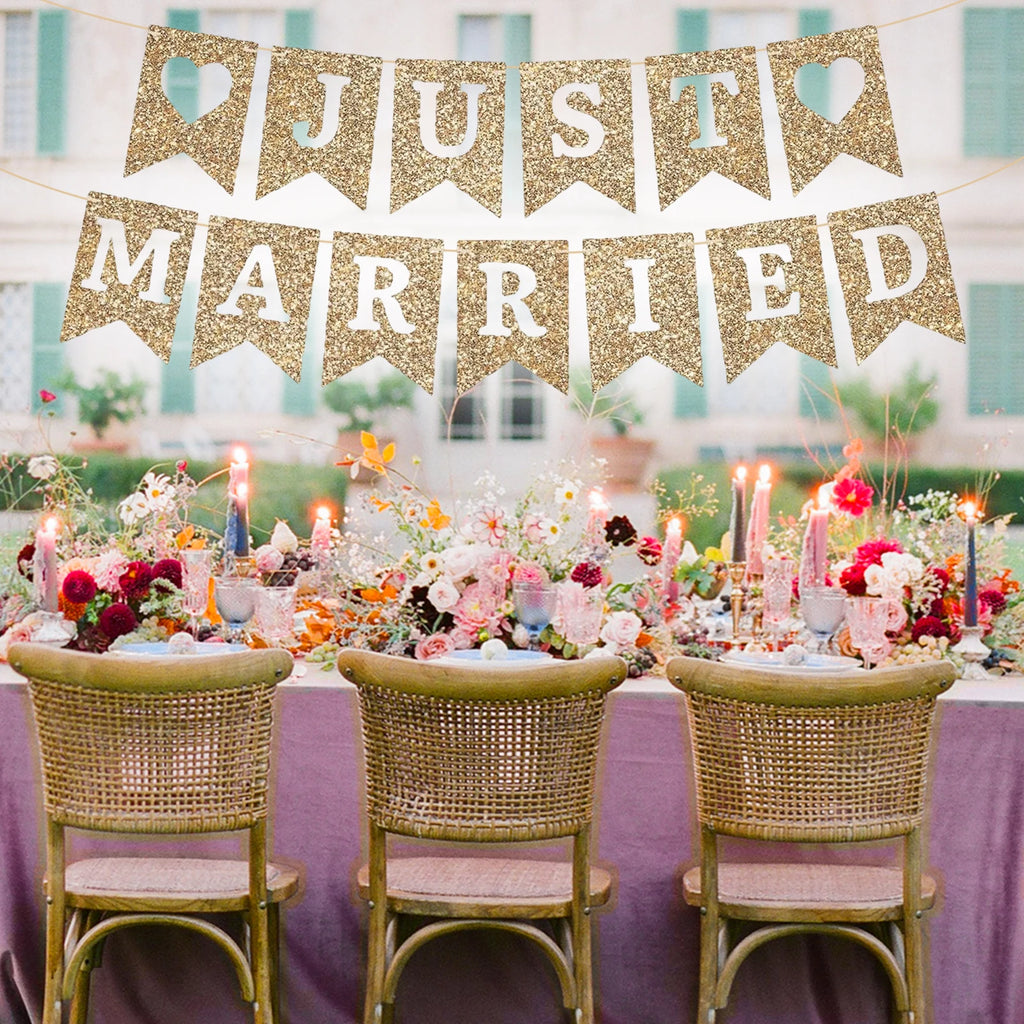 Just Married Banner Gold Glitter Wedding Party Banner Gold Wedding Reception Party or Car Decorations & Decor