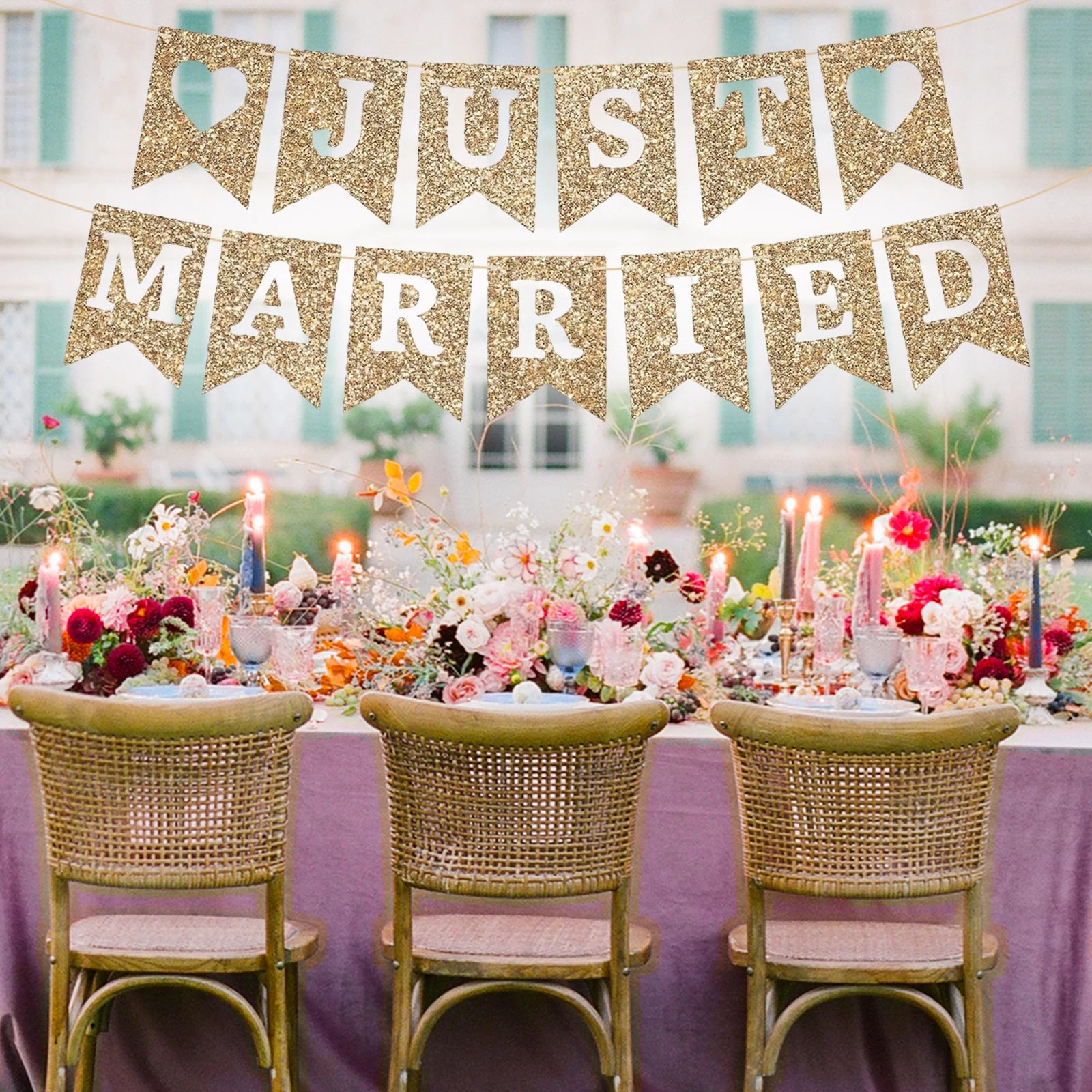 Just Married Banner Gold Glitter Wedding Party Banner Gold Wedding Reception Party or Car Decorations & Decor