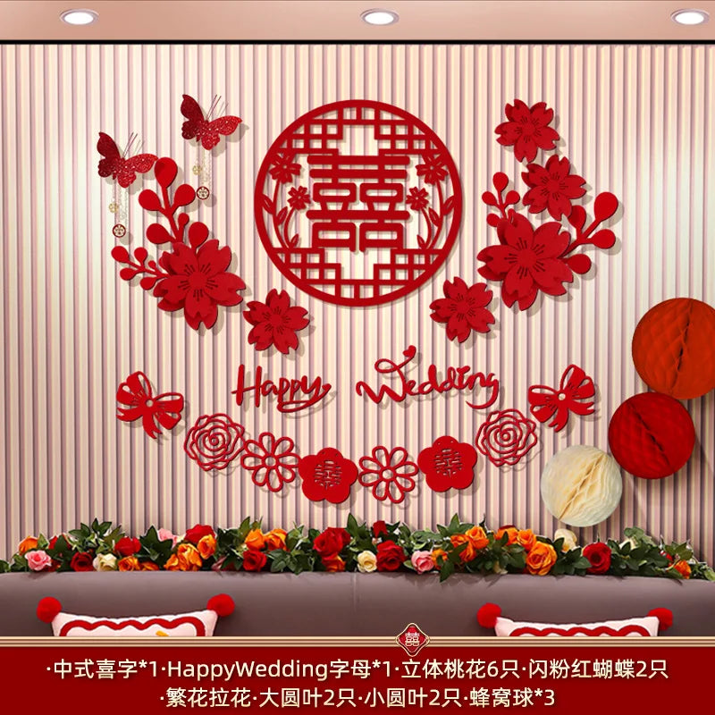 Chinese Wedding Decoration Wall Double Happiness Background Ornament Traditional Wedding Wall Stickers Supplies