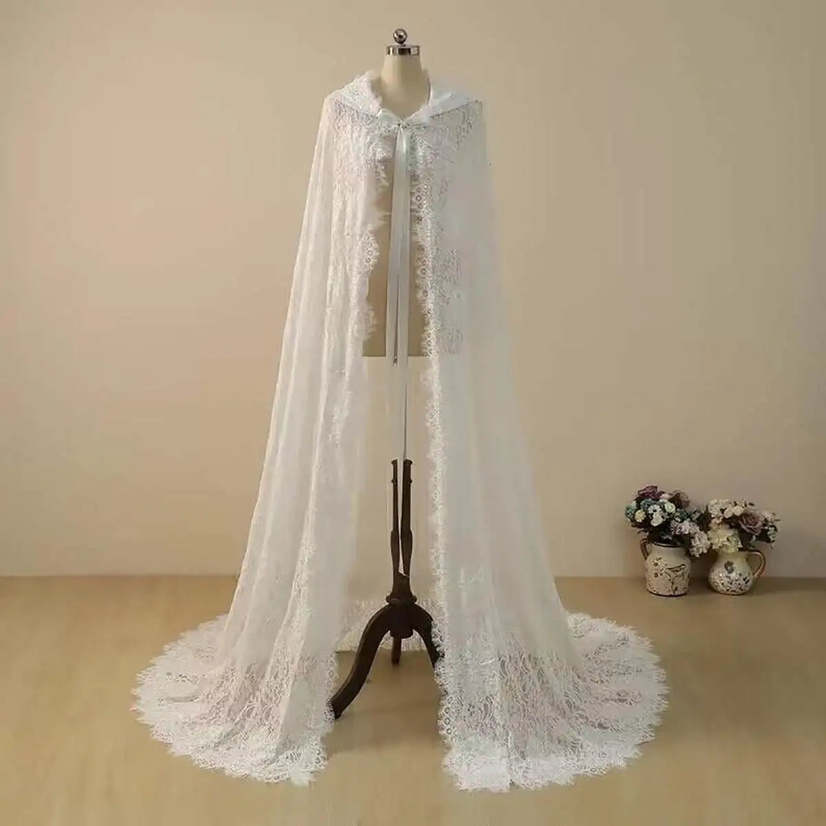 Vintage Wedding Veil  One Layer Long  Mermaid Bride Dresses Cap  Sleeveless Lace Up With Hooded Wrap Customized