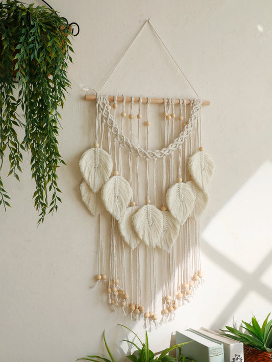 Boho Leaf Macrame Tapestry Woven Wall Hanging Tapestry Home Wall Decor Wood Bead Crafts Bedroom Living Room Decor Aesthetic Gift