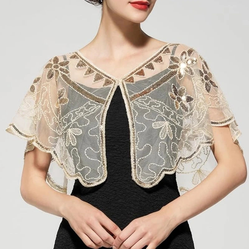 1920s Sequin Flapper Shawl Vintage Thin Breathable Shiny Cape Elegant Style Outside Short Cloak For Women Banquet