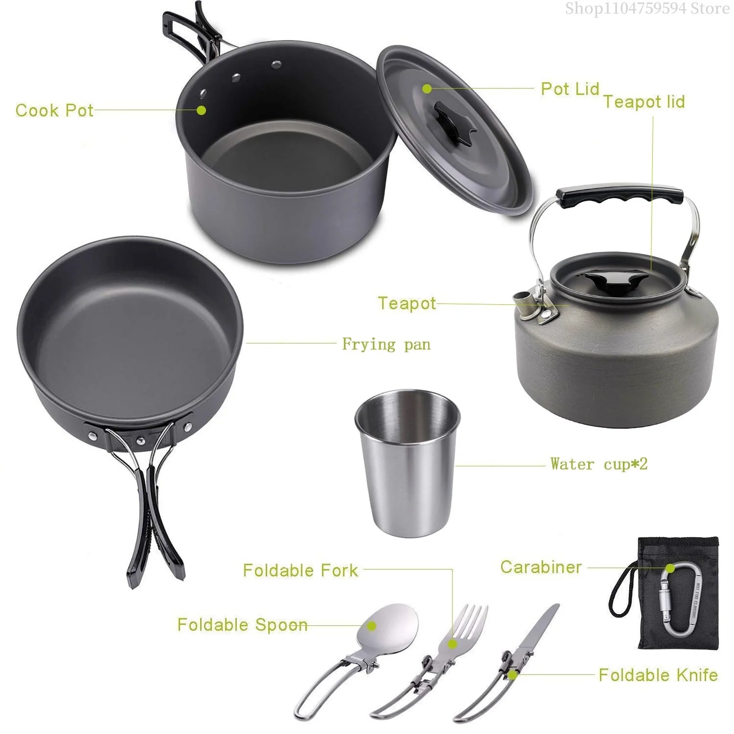 Outdoor cooking equipment - 2-3 person camping pot set with folding pot and kettle combination kit panelas camping Tableware