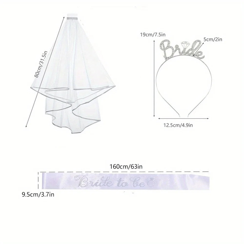 3 Pcs White Bachelorette Party Decorations Bridal Shower Crown Bride to Be Sash&Veil for Women Bachelorette Party Gifts