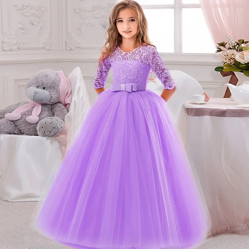 Girl's Dress 6-14 Y Flower Girls Wedding Elegant Lace Prom Bridesmaid Birthday Party Kids Lace Dress Vintage Performance Dresses