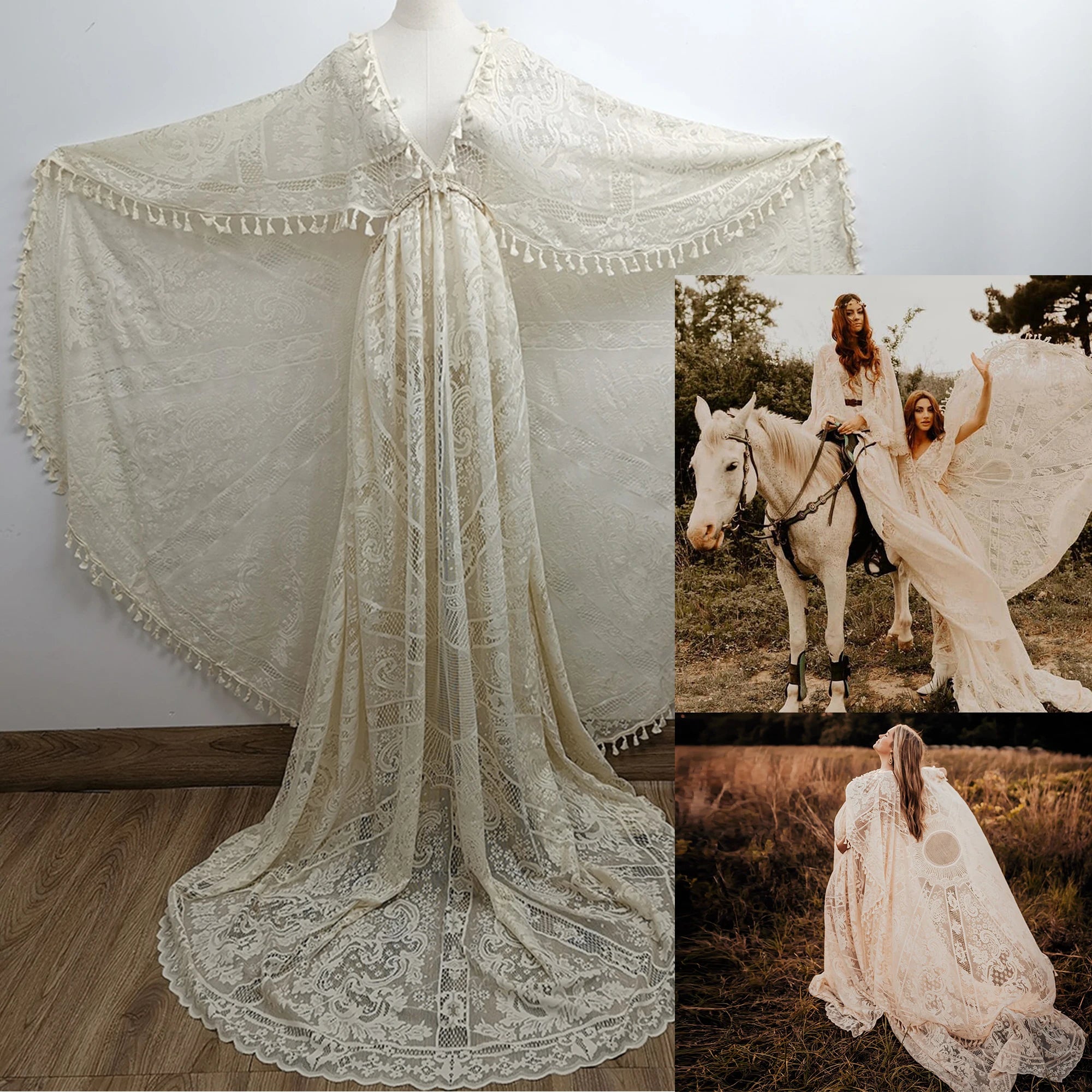 Don&Judy Maternity Dress Boho Photo shoot Maxi Long Sleeve Wedding Party Evening Ivory Gown for Bride Pregnant Women Photography