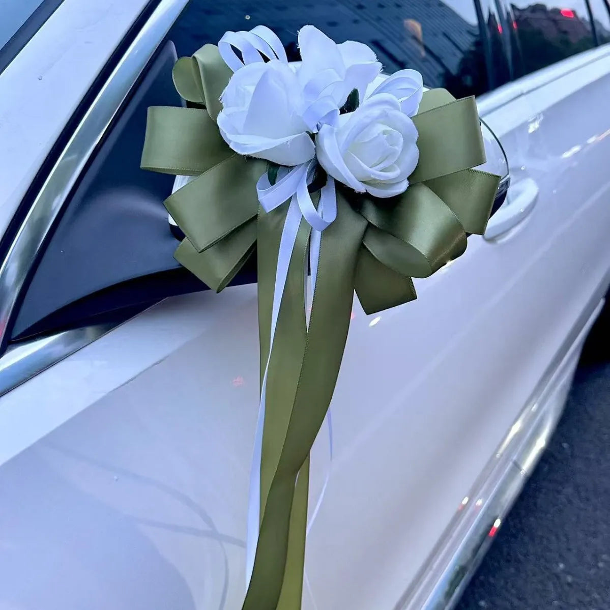 Yannew 4pcs Wedding Car Rearview Mirror Flowers with Ribbon Bow Tie Just Married Auto Door Handle Decoration Aisle Rose Flower