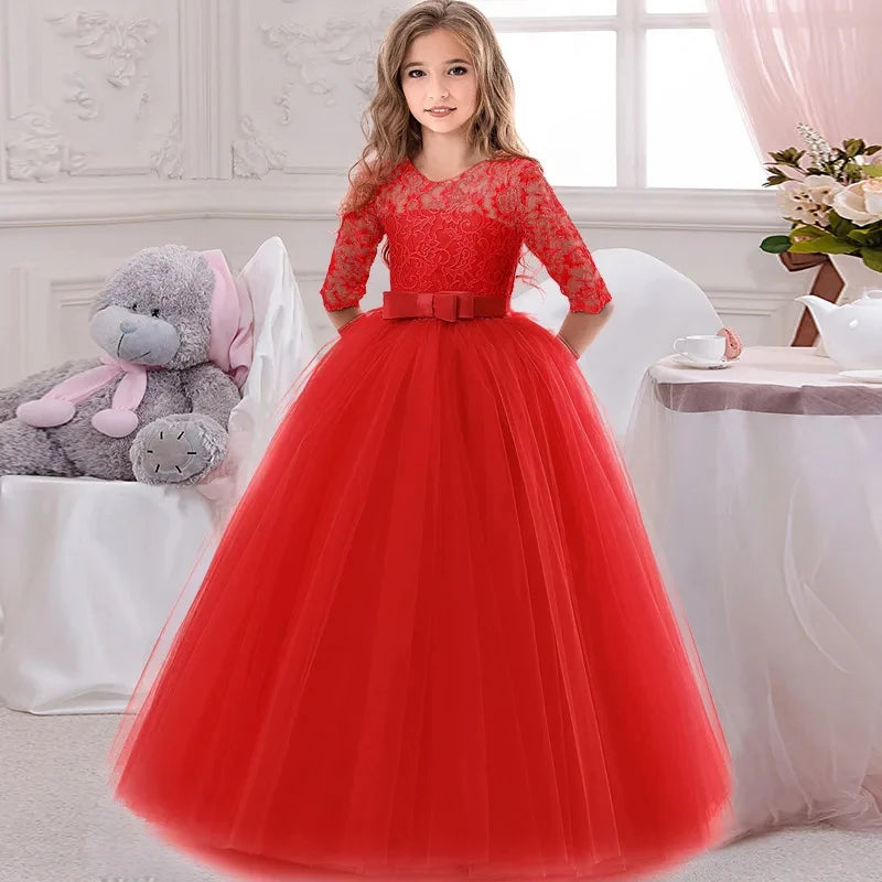 Girl's Dress 6-14 Y Flower Girls Wedding Elegant Lace Prom Bridesmaid Birthday Party Kids Lace Dress Vintage Performance Dresses
