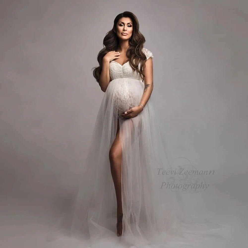 Maternity Photography Dresses Pregnancy Lace Bodysuit  Tulle Long Sides Slit With Flying Dress Pregnant Woman Photo Shoot Outfit