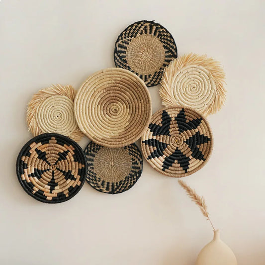 Boho Chic Handcrafted Seagrass Wall Baskets, Rattan Woven Round Bohemian Decor for Home,Farmhouse-Featherless,Versatile Use