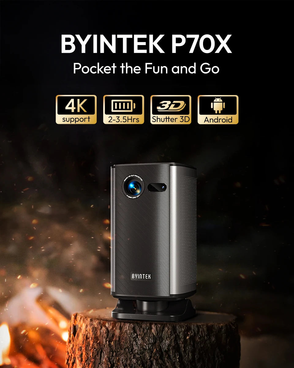 BYINTEK P70X Portable Mini Projector with Built-in Battery 4K Support 3D Wifi for Outdoor Movie Night Home Theater Projectors