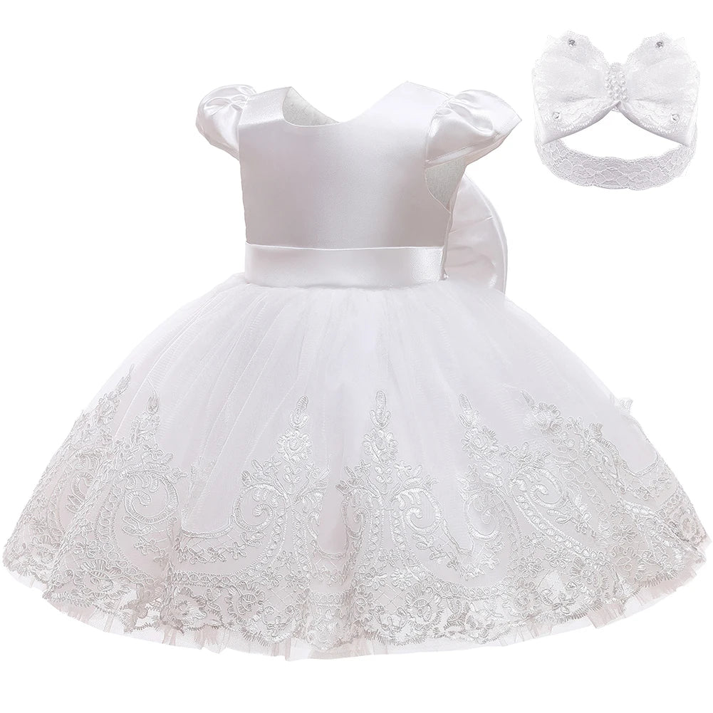 White Dress For Girls Elegant Flower Embroidery Princess Dress Toddler 1st Birthday Baby Girl Ceremonial Wedding Baptism Dress