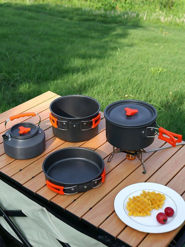 Outdoor Camping Cooking Set for 2-3 People Portable Folding Pot and Kettle Combo Camping Tableware Hiking Backpacking Gear
