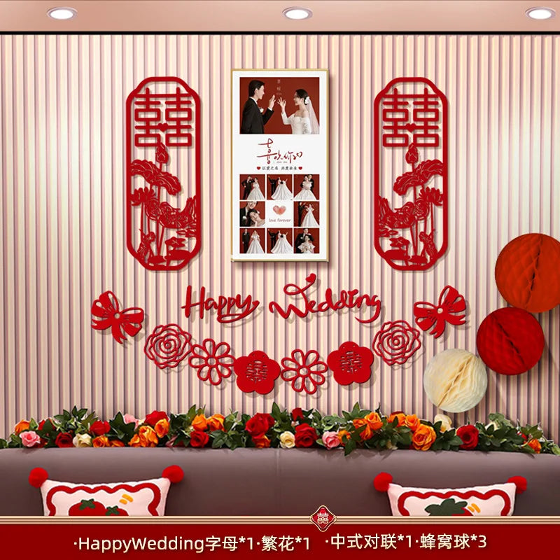 Chinese Wedding Decoration Wall Double Happiness Background Ornament Traditional Wedding Wall Stickers Supplies
