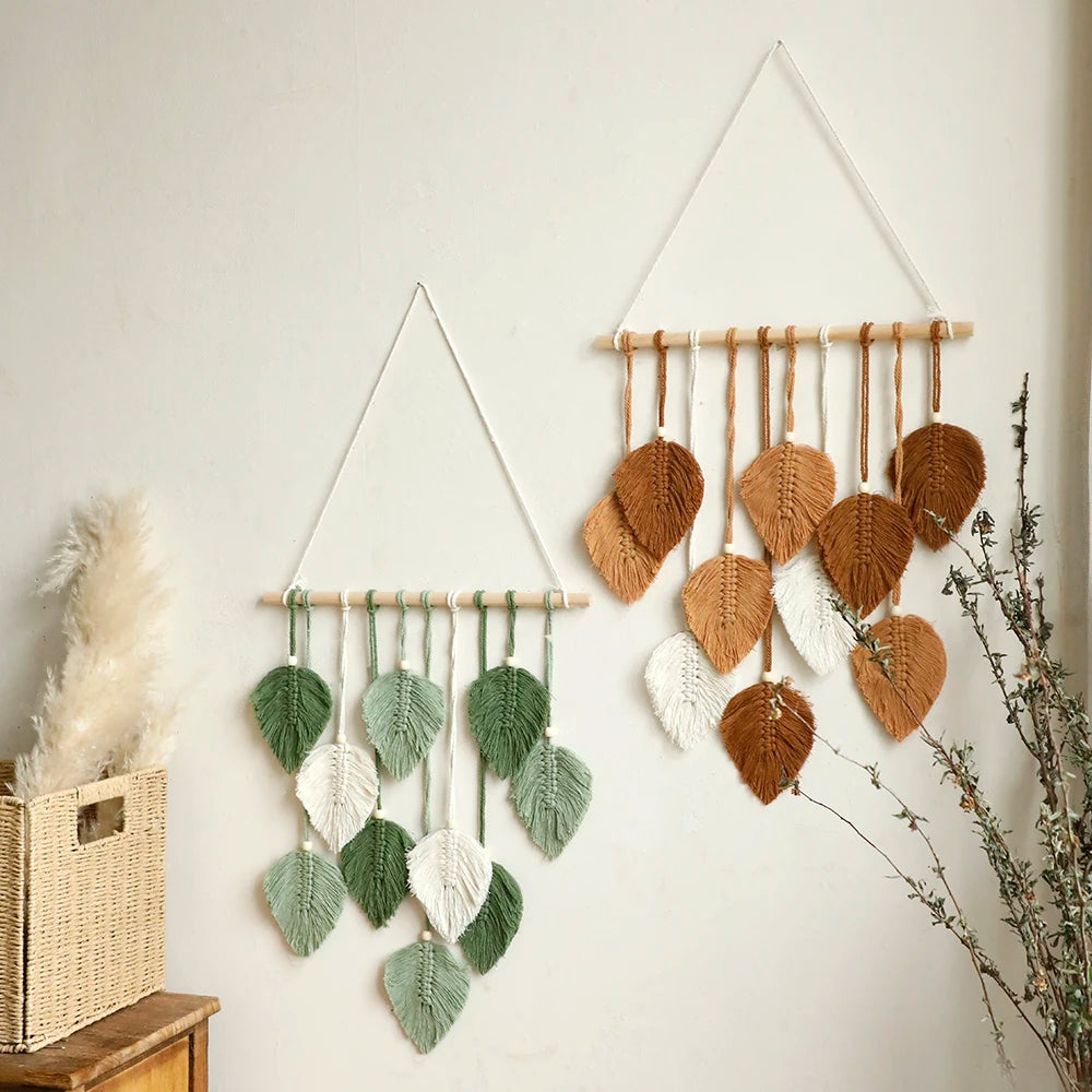 Boho Leaf Macrame Tapestry Woven Wall Hanging Tapestry Home Wall Decor Wood Bead Crafts Bedroom Living Room Decor Aesthetic Gift