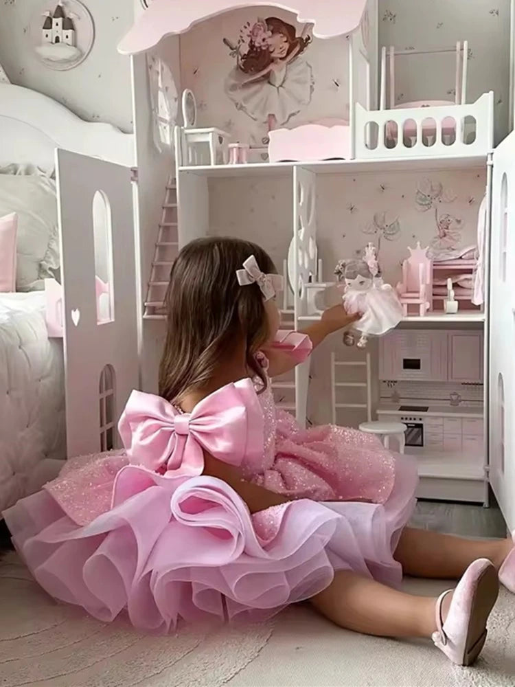 Customized Pink Flower Girl Dresses For Wedding Sequins With Bow Knee Length Cute Princess Birthday Party First Communion Gown