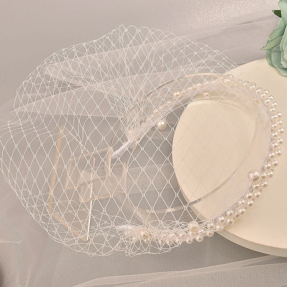 JM26 Tulle Cage Veil with Pearls Wedding Birdcage Veil with Headband Face Cover Bride Headdress Wedding Accessories Mariage